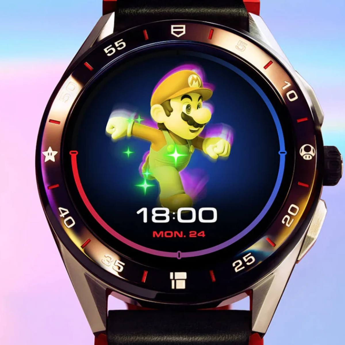 Visão frontal do relógio TAG Heuer Connected x Super Mario 